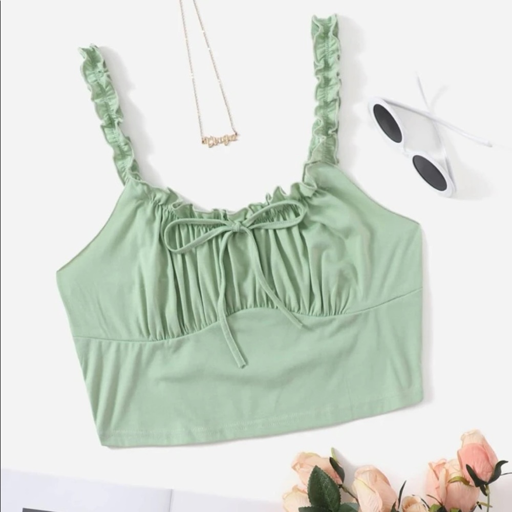 Ruched Tie Front Green Crop Top